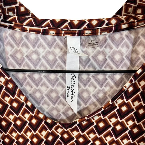 NY Collection Tank Top Blouse 2X Geometric Pattern Collared Neck Tie Jersey Knit - Picture 6 of 6